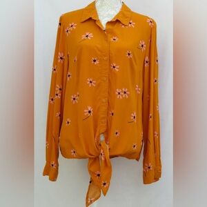 F&F Button Up Front Tie Floral Blouse Yellow Sz 4 Ocre Mustard Pink Long Sleeve